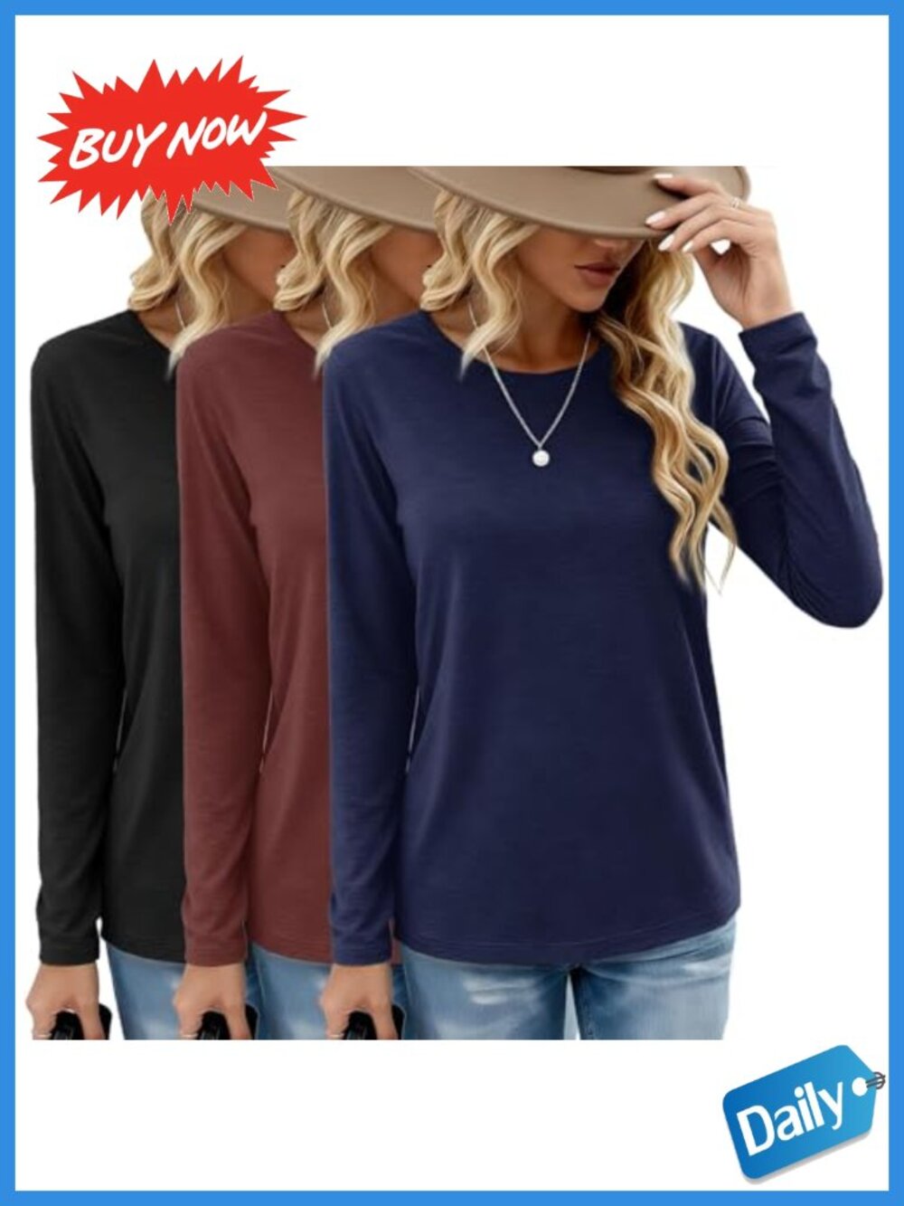 Long Sleeve Shirts for Women Loose Fit Tops 3 Pack Fall Fashion